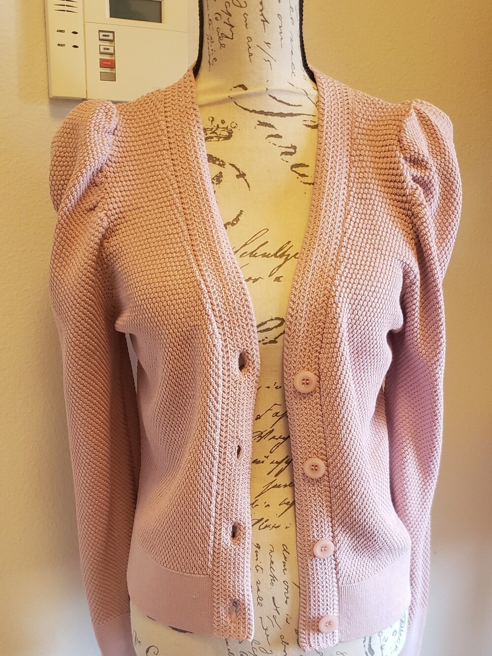 Express Dusty Pink Puff-Sleeve Button Cardigan
